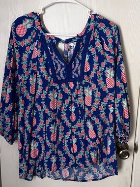 Women's Blue Crown & Ivy Pineapple Print Peasant Top XL